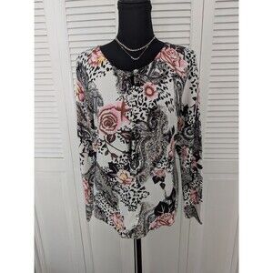 Venue Sweater Womens M Vintagy Y2K Pink Black Floral Beaded Cardigan Embellished